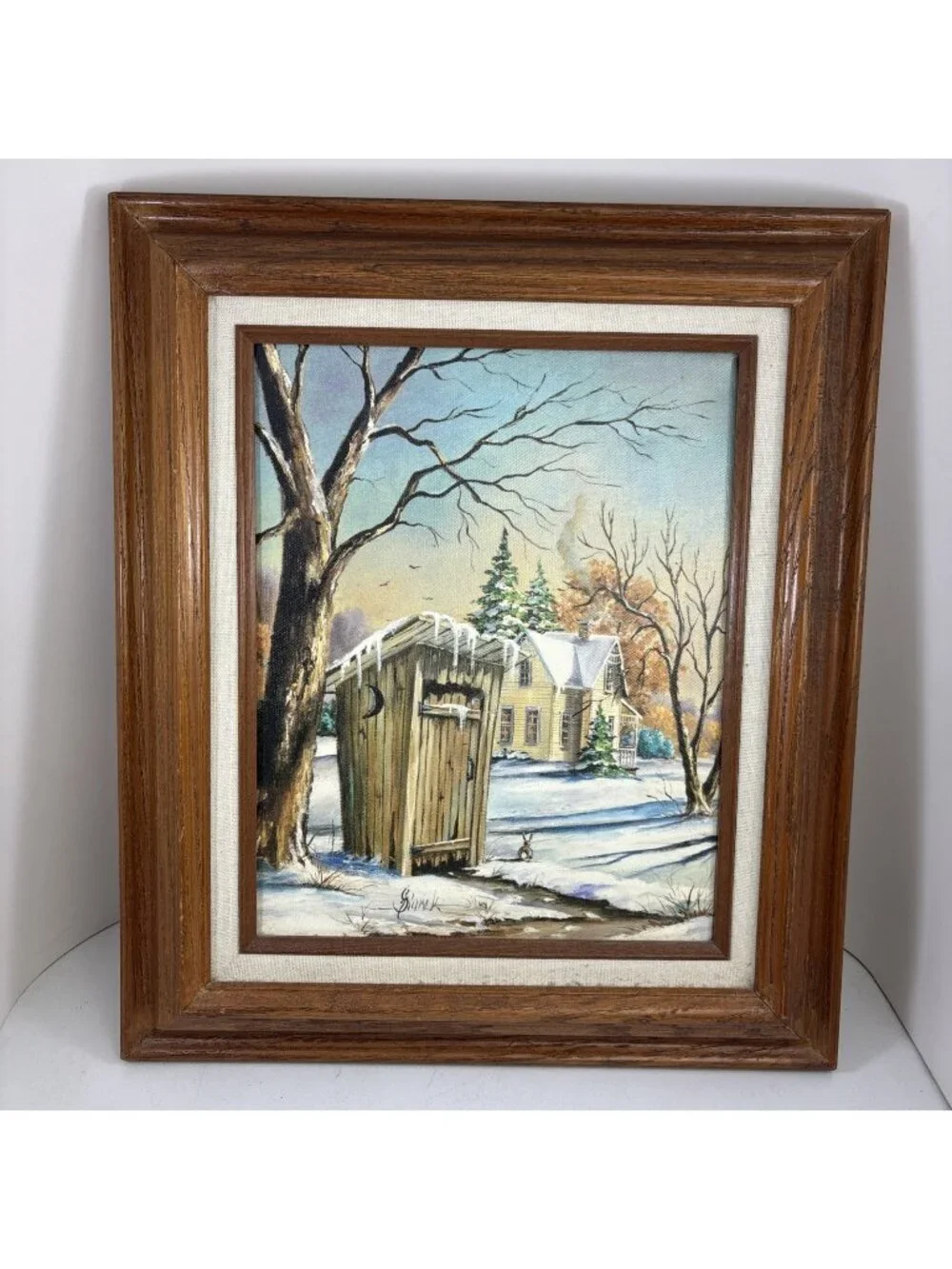 Framed Lithograph Painting Rustic Winter Scene Outhouse Farmhouse Cottagecore